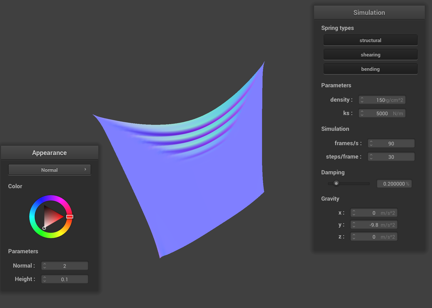 The cloth's final position with density = 1500. Normal shading enabled.